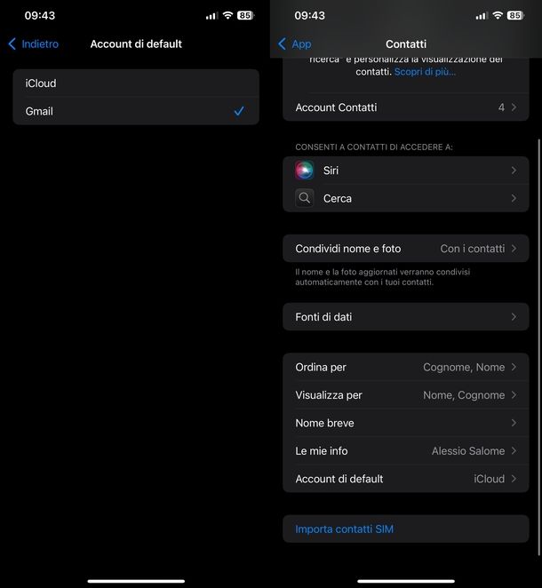 Cambiare account Gmail predefinito iPhone