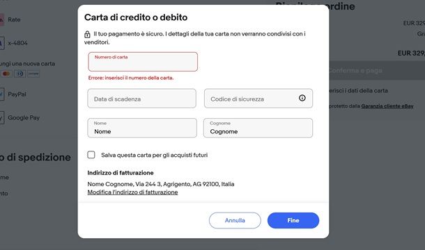 aggiungere carta eBay