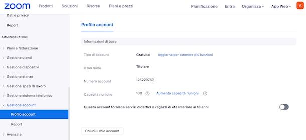 Eliminare account Zoom