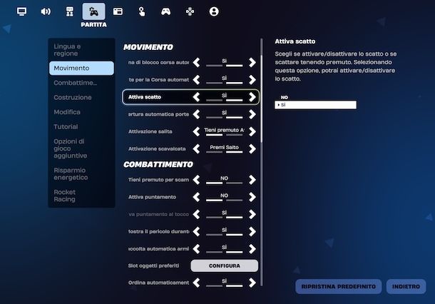 Impostazioni comandi su Fortnite