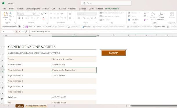 scheda configurazione modello fattura semplice Excel