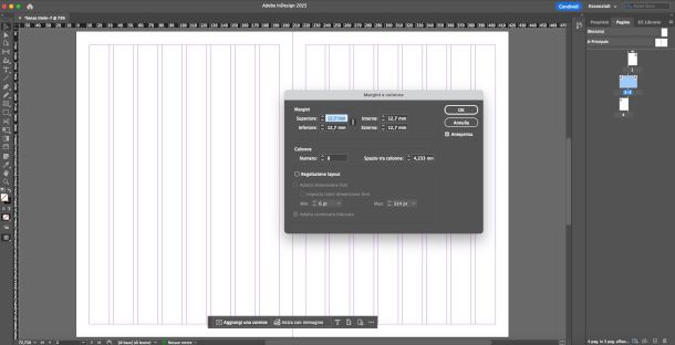 interfaccia InDesign con finestra per modifica margini e colonne