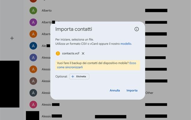 Importare VCF in Gmail browser
