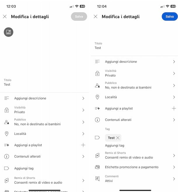 Mettere i tag su YouTube da app