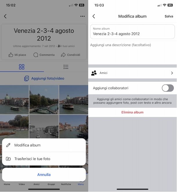 Cancellare album da Facebook da app