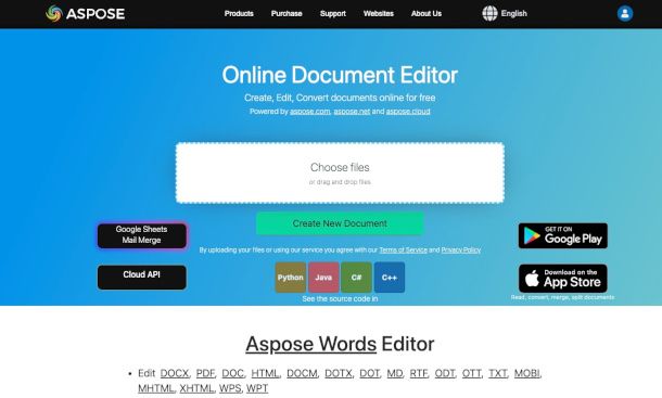 schermata sito Aspose Word Editor