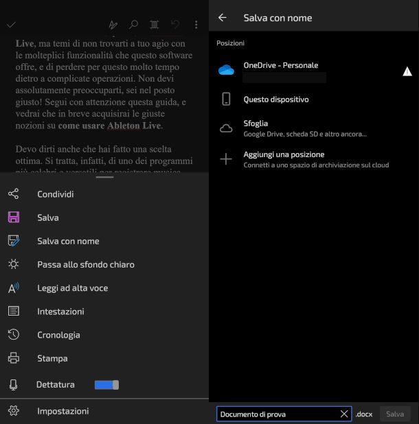 opzioni di salvataggio app Word