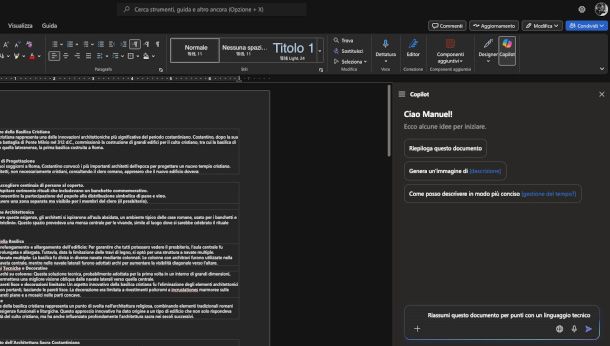 finestra di Copilot su Word online