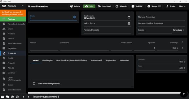 creazione preventivo su Invoice Ninja