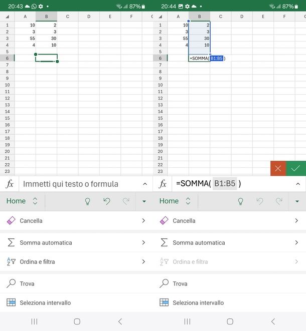 come fare sommatoria Excel telefono tablet