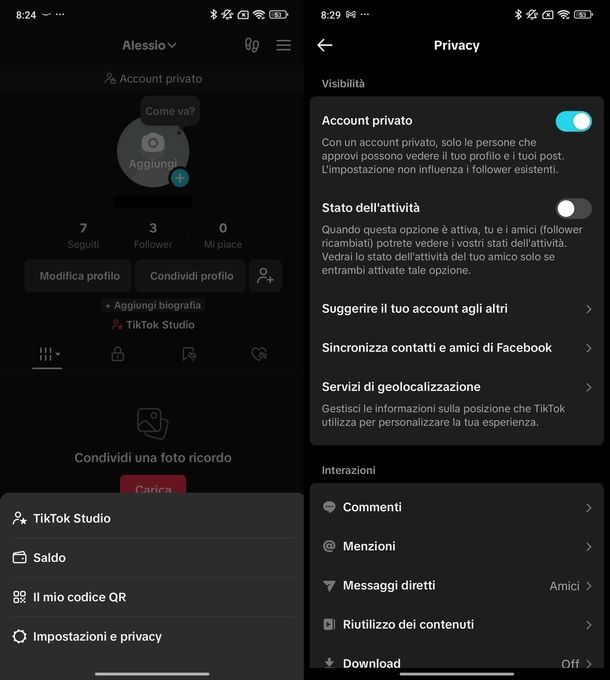 Mettere account privato TikTok Android