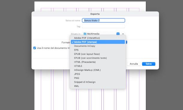 schermata esportazione progetto su InDesign