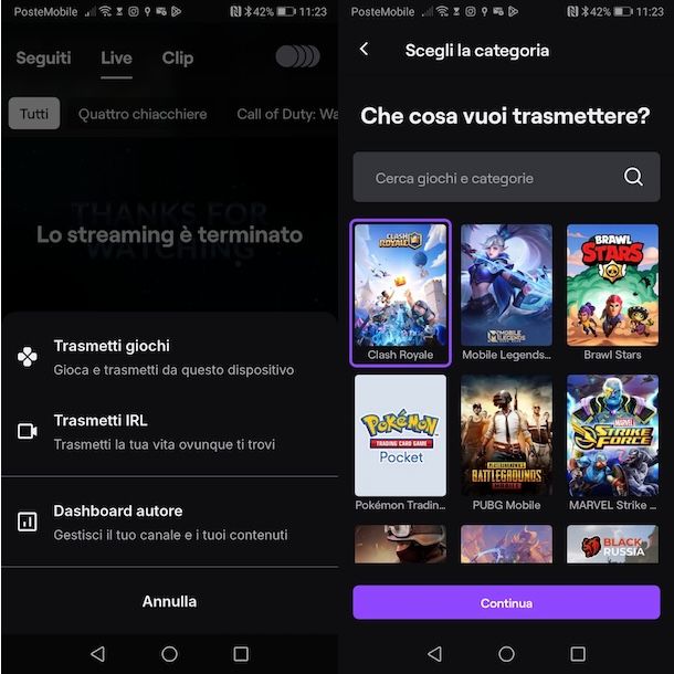 Streammare su Twitch da Android