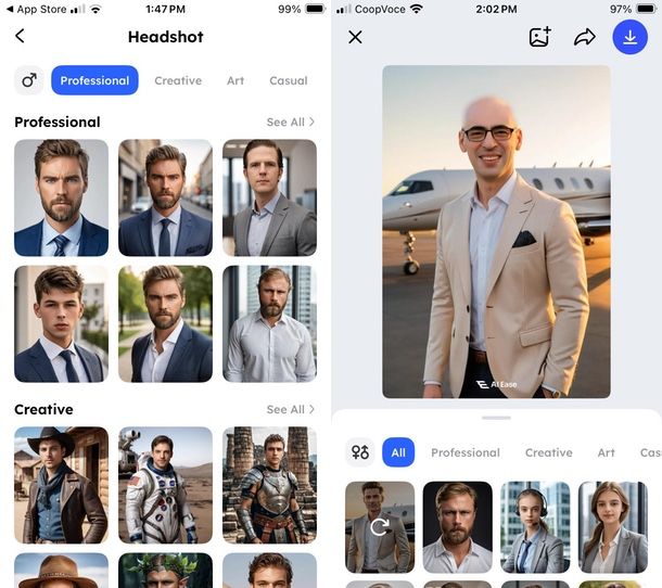 AIEASE app per foto professionali AI