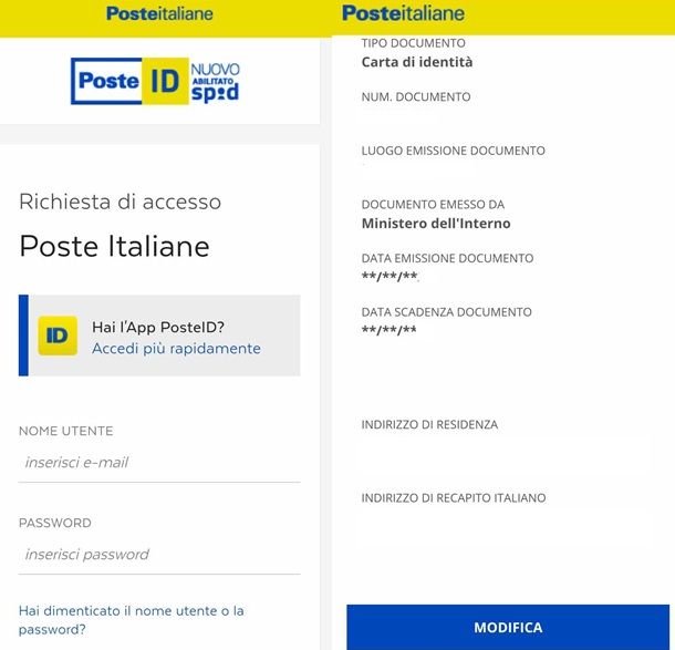 Il procedimento per modificare il documento SPID dall'app PosteID