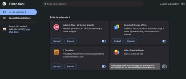 Disabilitare estensioni Chrome