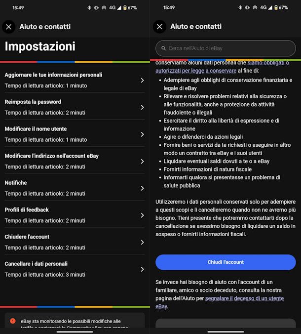 Cancellarsi eBay da app