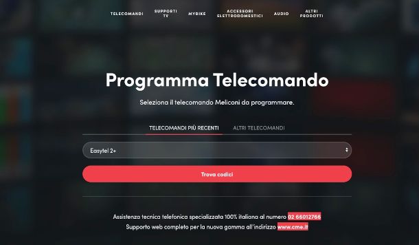 sito Web meliconi per codici telecomando universale