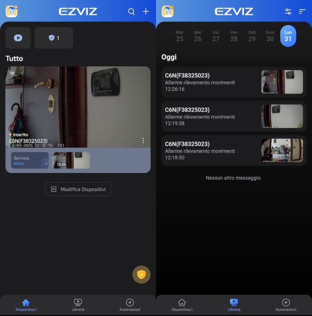 visualizzazione registrazioni su app Ezviz