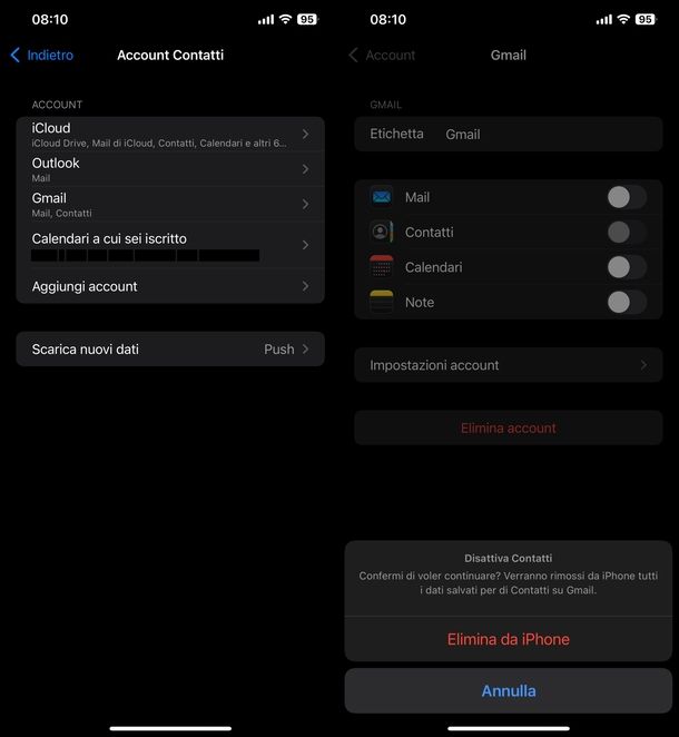 Disconnettersi Gmail impostazioni iOS