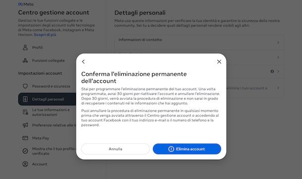 Eliminare account Facebook definitivamente