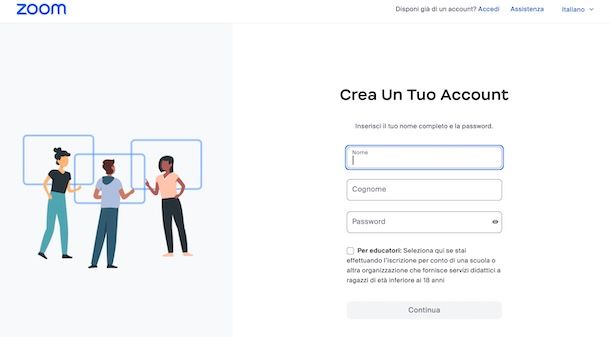 Creare account su Zoom