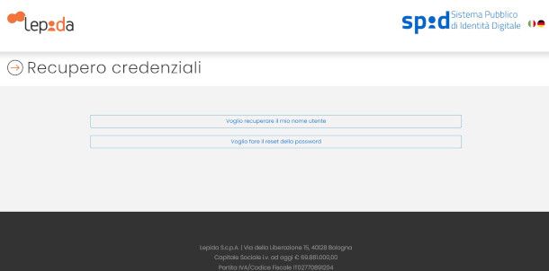 pagina recupero credenziali SPID lepida