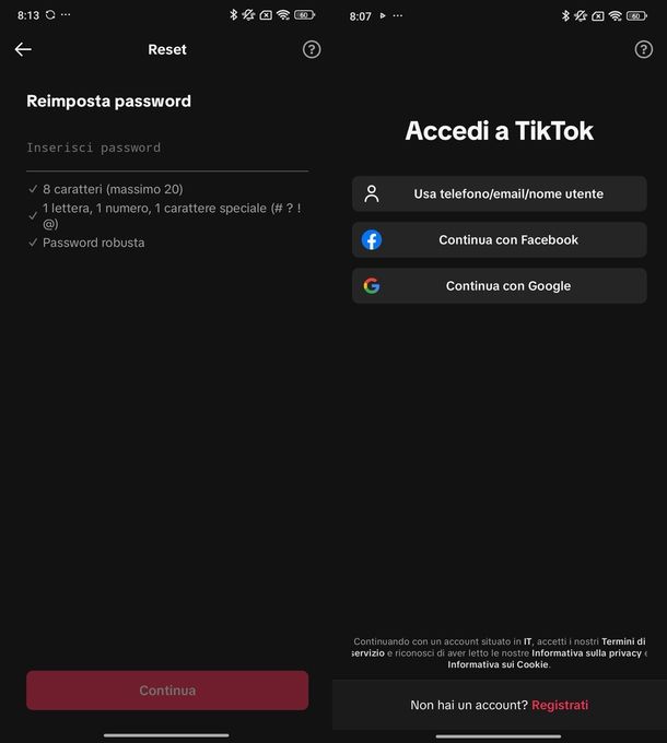 Cambiare password dimenticata TikTok Android