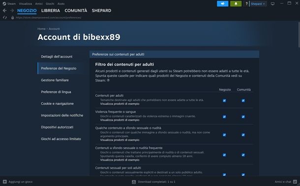 preferenze del negozio steam