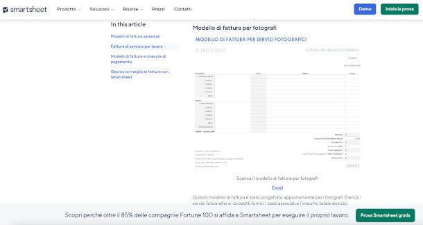 modello fattura professionisti nel sito Smartsheet