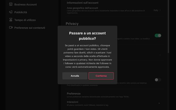Togliere account privato TikTok Web