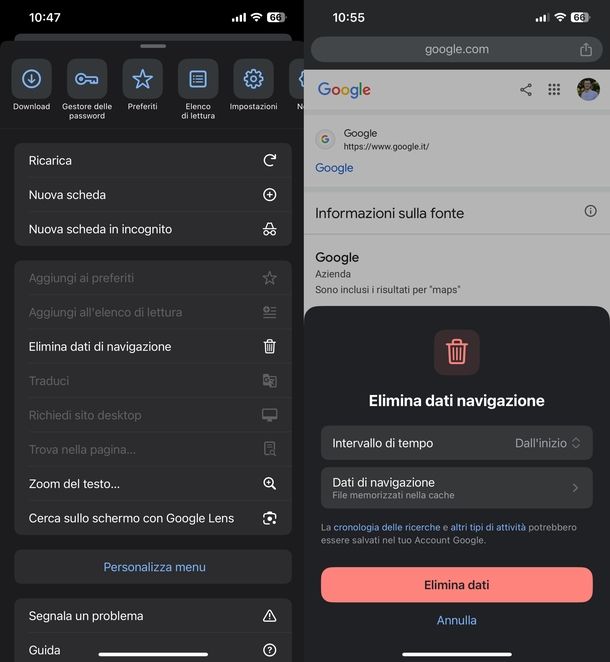 Cancellare cache Chrome iPhone