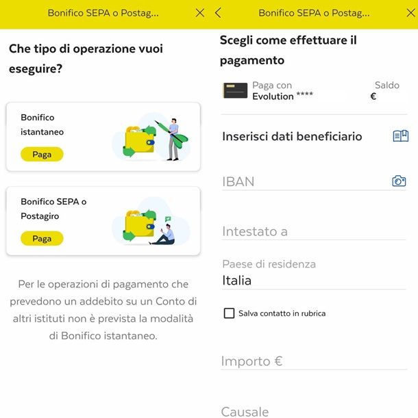 Come fare un bonifico per Postepay Evolution da app
