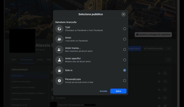 Rendere privato diario Facebook computer