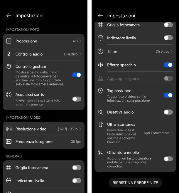 Configurazione dell'app Fotocamera