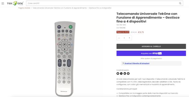 pagina prodotto telecomando universale sito TekOne