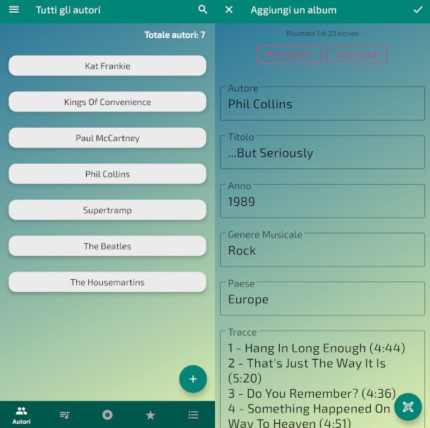 schermate app collezione musica