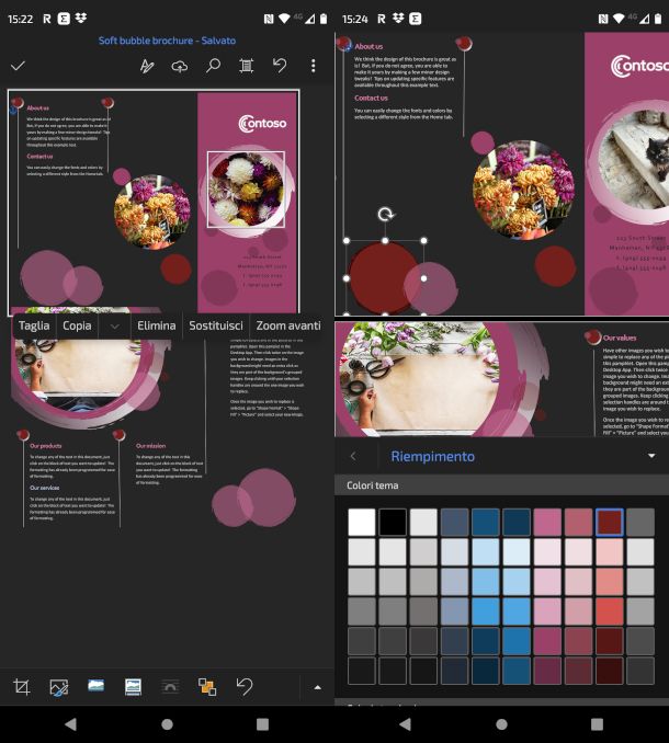 schermate app Word per editing di un modello di brochure
