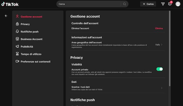 Mettere account privato TikTok Web