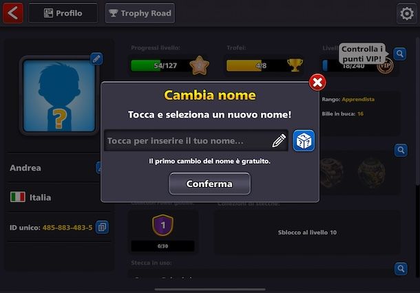 Cambiare nome su 8 Ball Pool