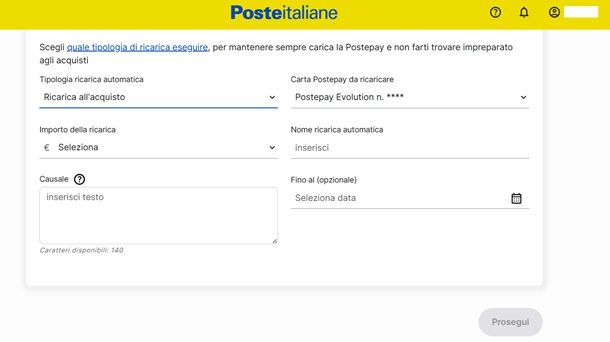 La procedura su come fare la ricarica automatica per la Postepay Evolution