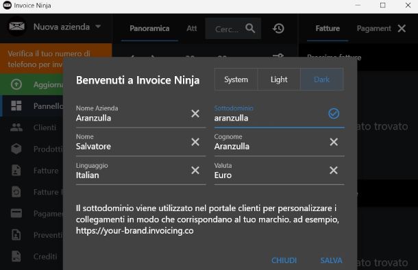 schermata impostazioni Invoice Ninja