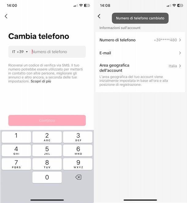 Cambiare il numero di telefono su TikTok