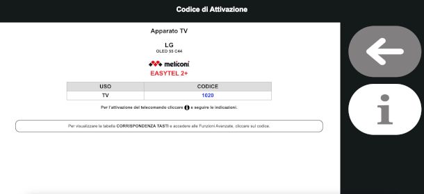 visualizzazione codici e istruzioni su sito Meliconi