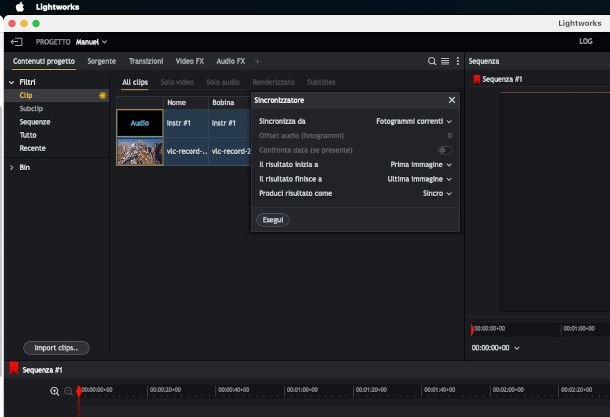 finestra di sincronizzazione nel programma Lightworks 