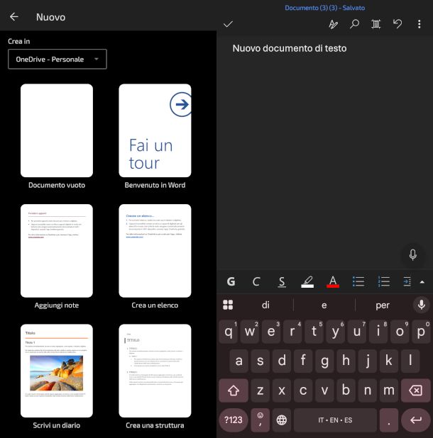 creazione nuovo documento su app Word