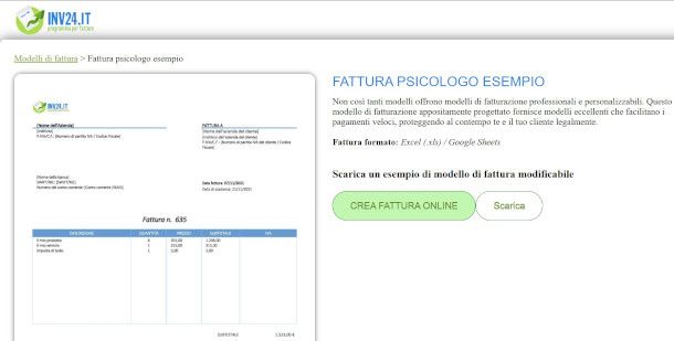 esempio modello fattura psicologo