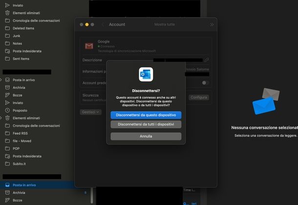 Disconnettersi Gmail Outlook macOS