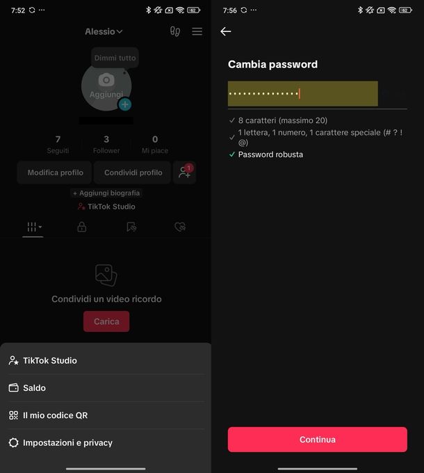 Cambiare password TikTok Android