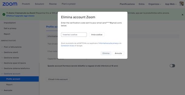 Eliminare account Zoom